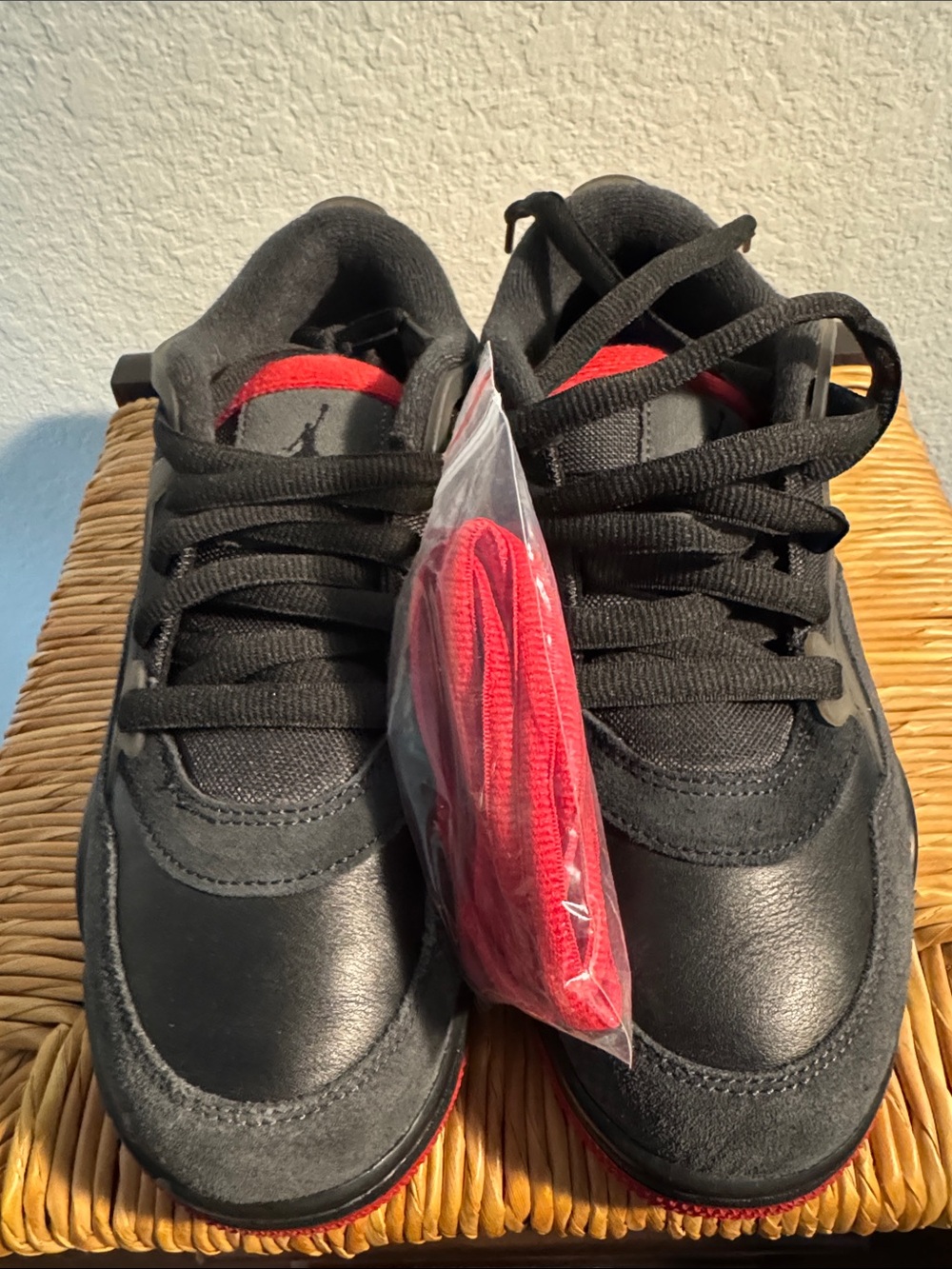 Jordan Men's Black Sneakers with Red Accents and Extra Red Laces
